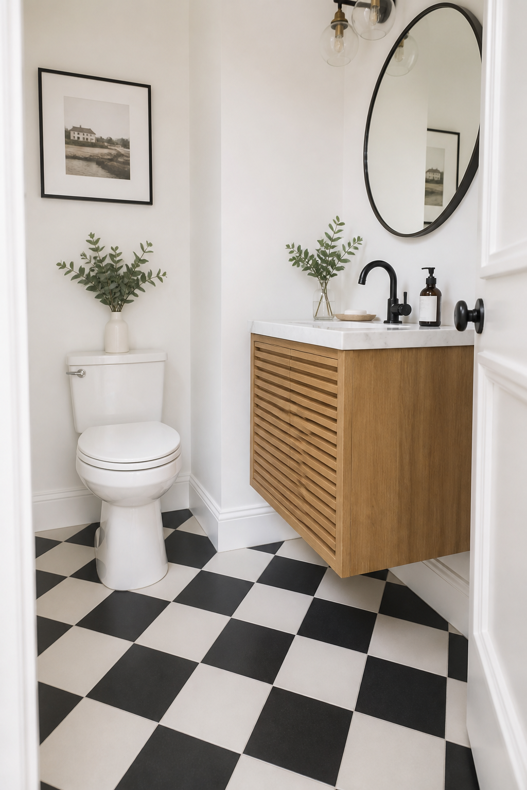 Compact half bathroom with bold checkerboard floor tile, simple white walls, petite vanity, and round mirror