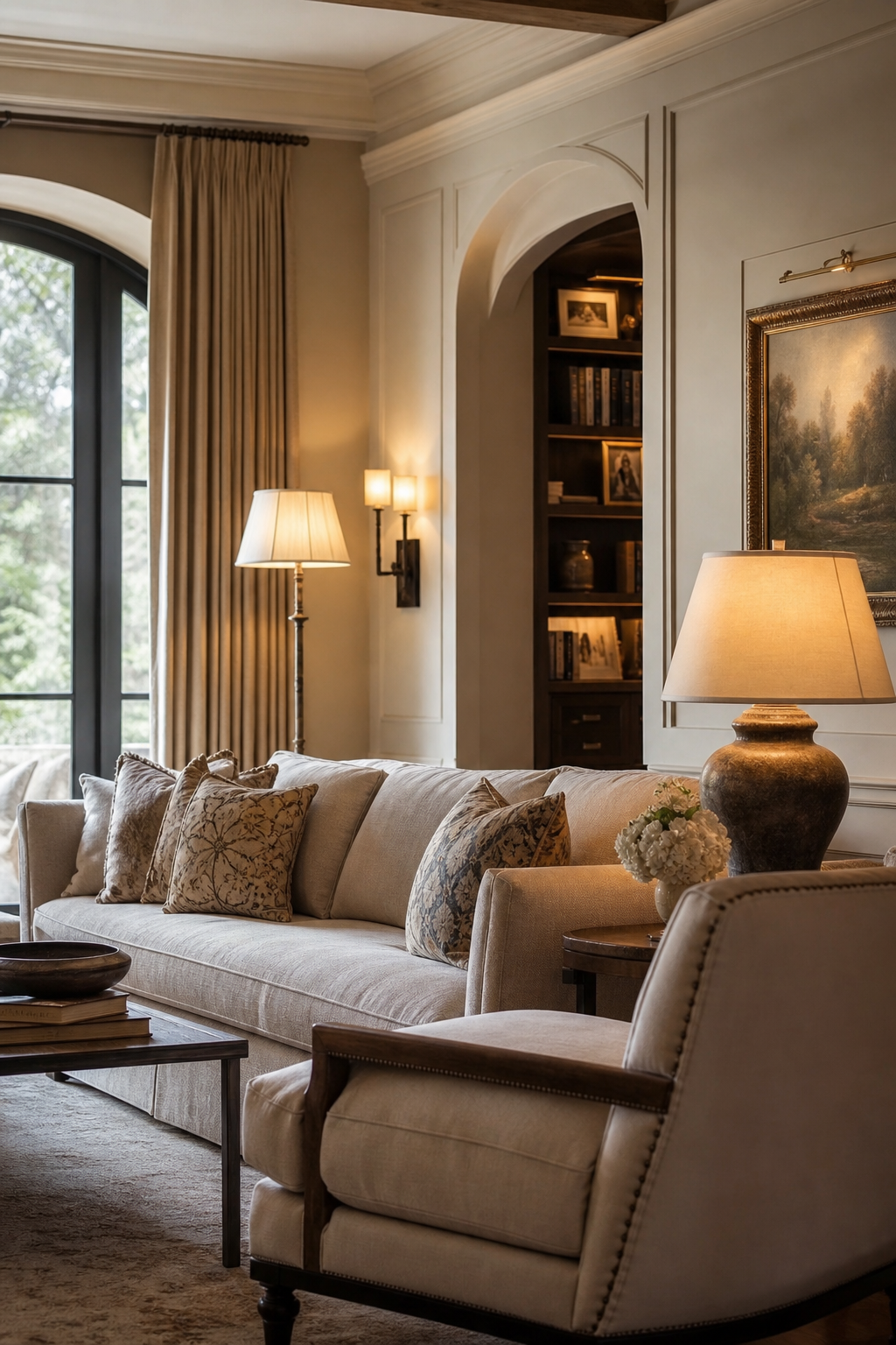 Layer Ambient And Task Lighting in a cozy designer living room