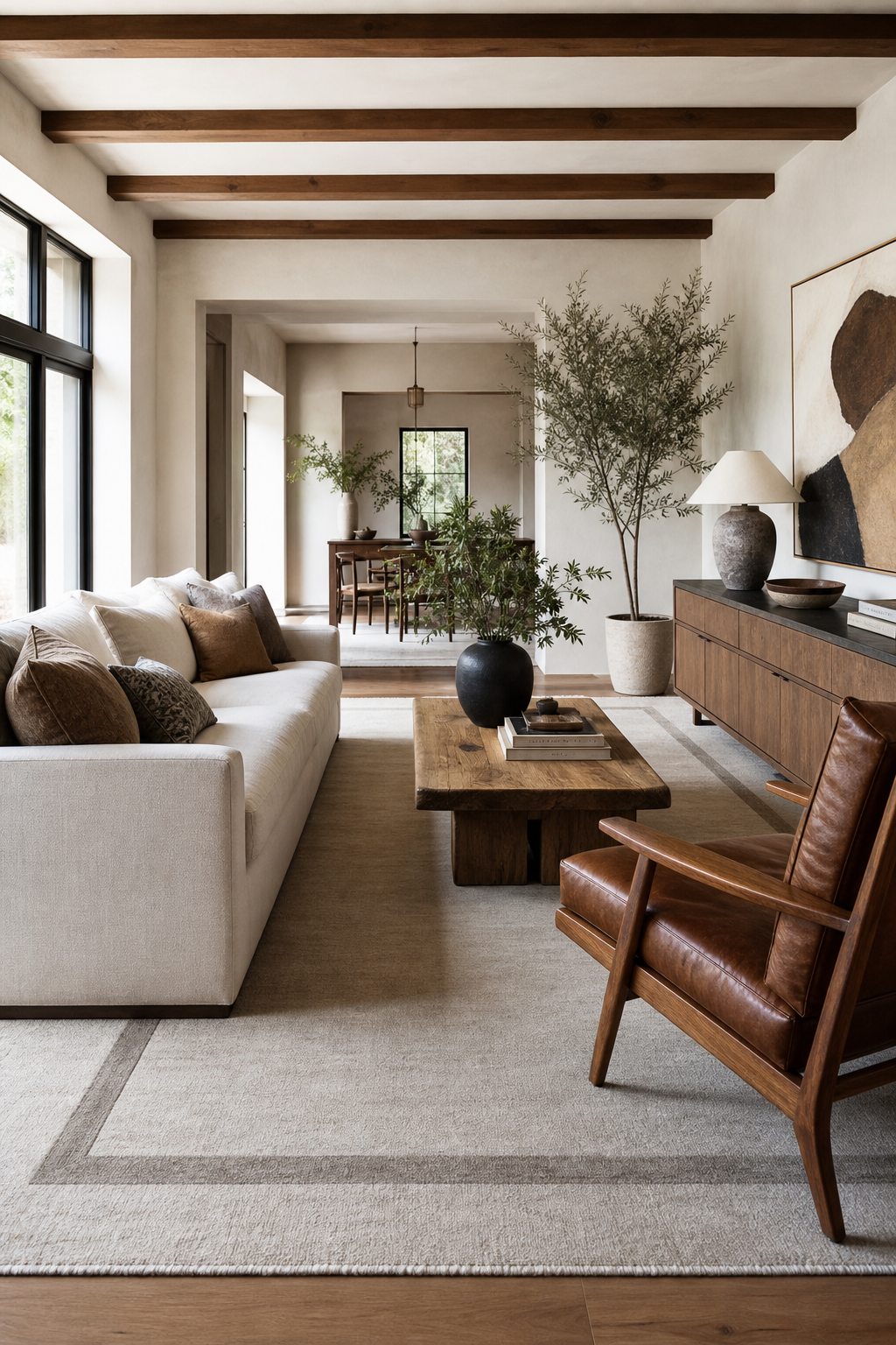 Large wool rug correcting the proportions of a living room