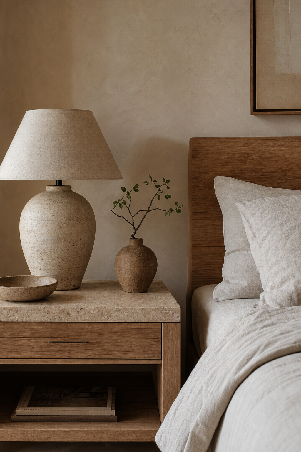 Minimalist bedroom with travertine nightstand and hand-thrown ceramic accents