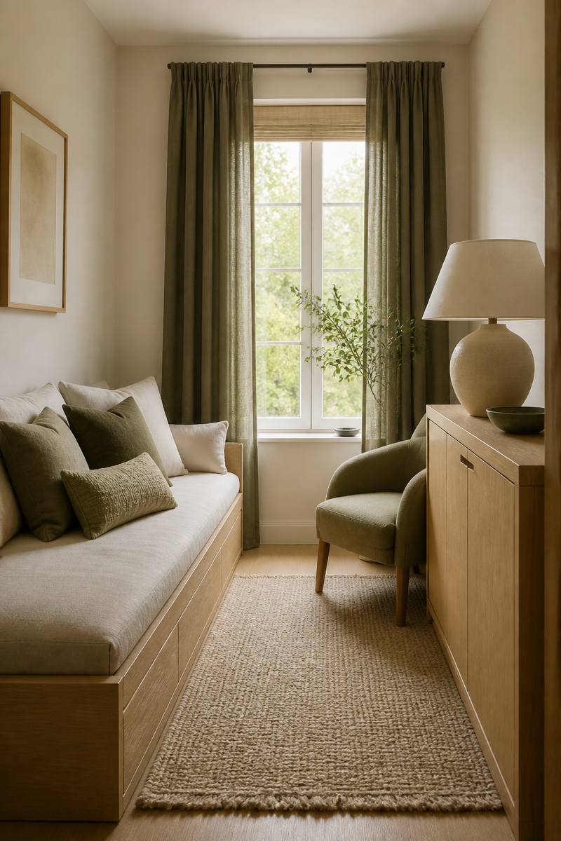 Small room makeover using warm white, pale oak, and muted olive palette