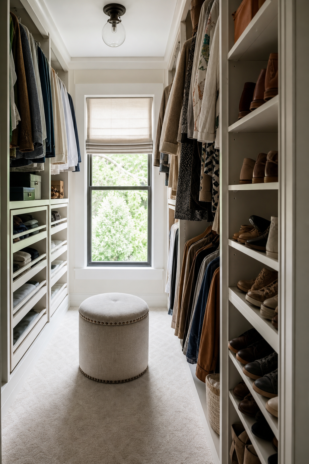 Add Seating That Fits The Footprint in a neat stylish walk-in closet