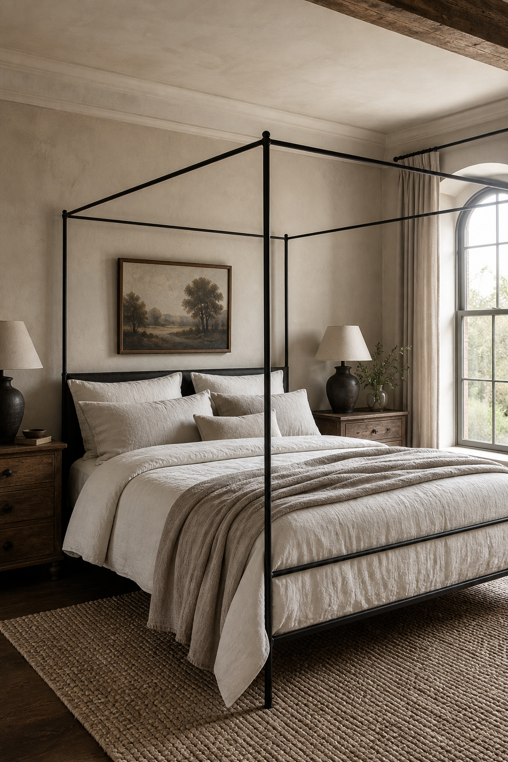 Cozy bedroom with slim black four-poster bed and layered ivory linen bedding