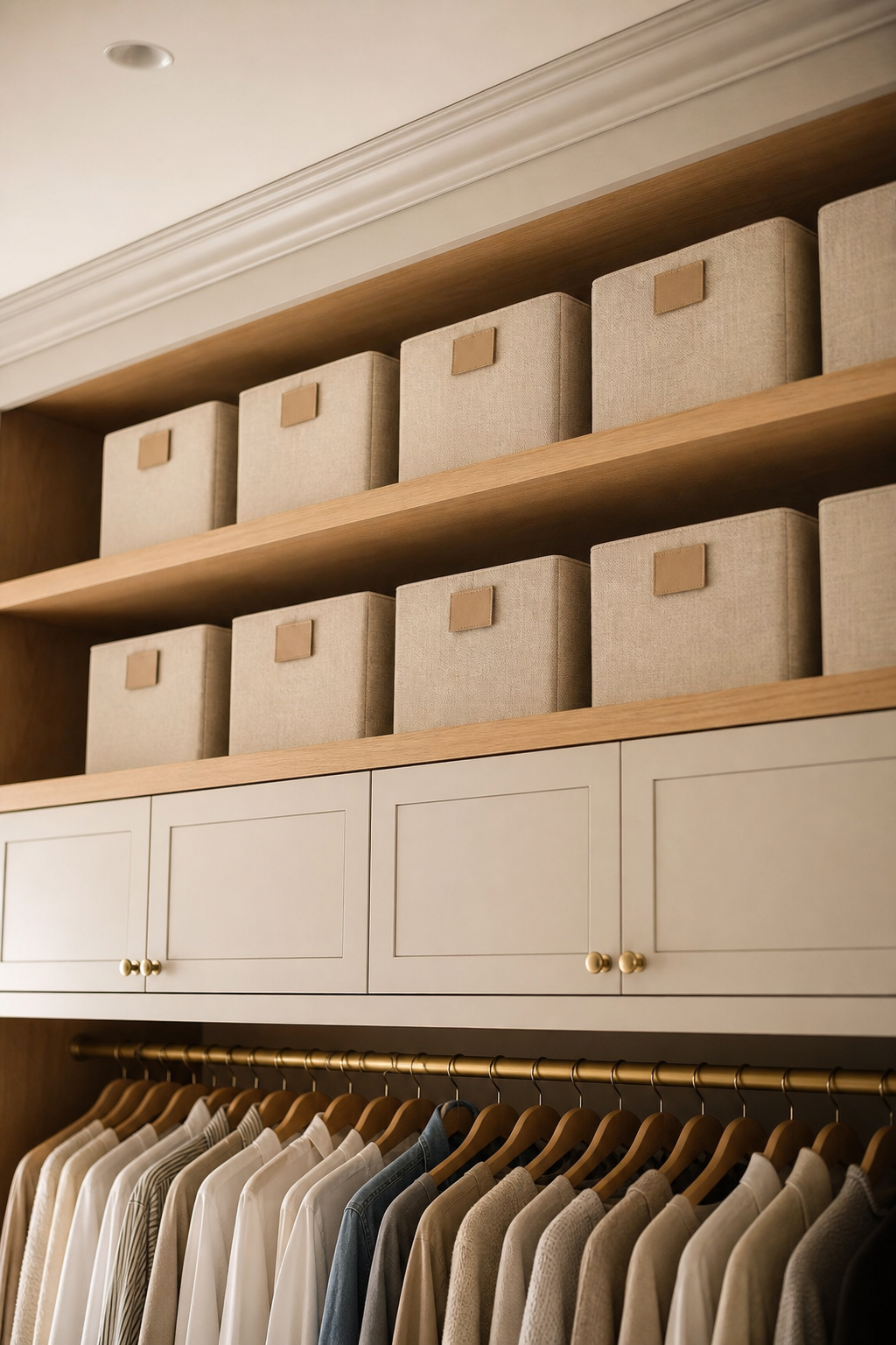 Neat clothing room with use upper shelves for archive pieces