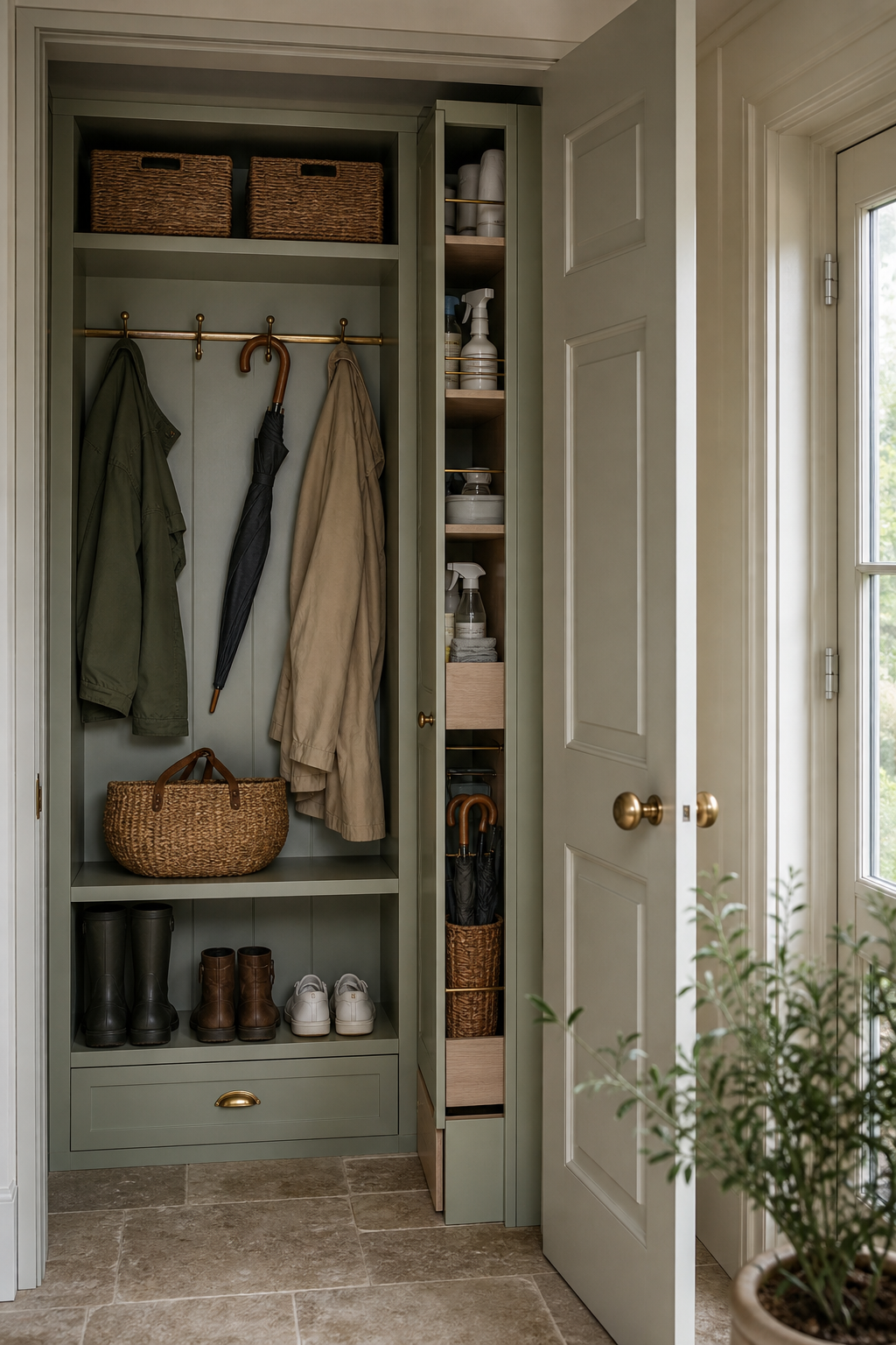 Polished hall utility closet with sage built-ins, coat storage, brass hooks, baskets, and pullouts