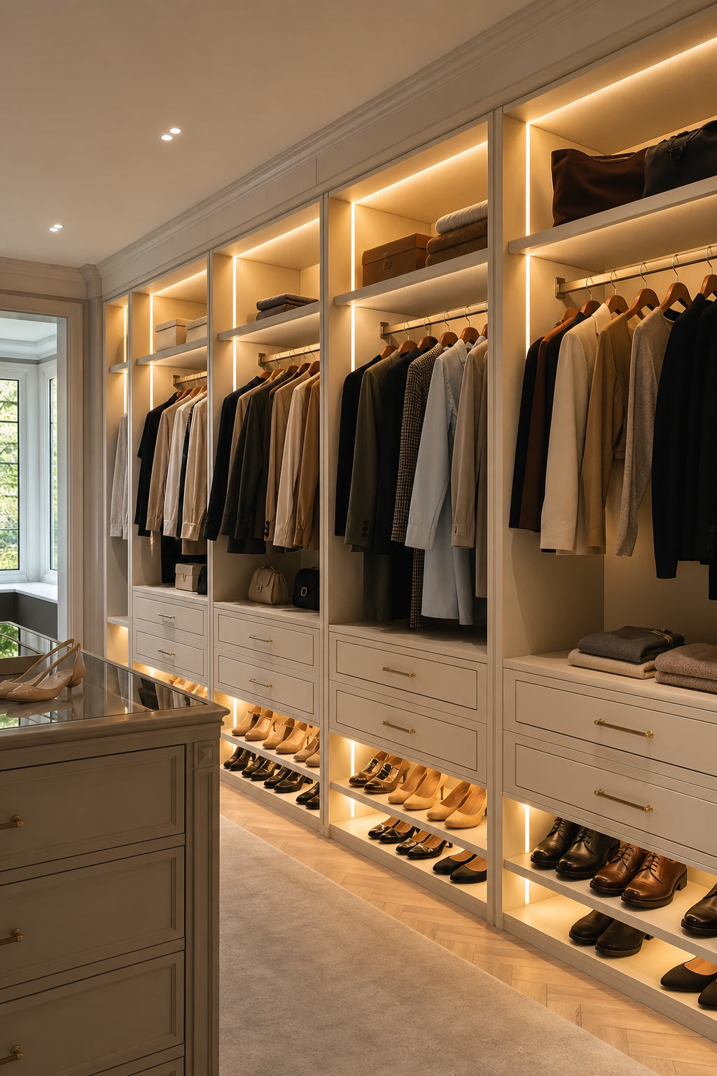 Add Lighting Inside Every Bay in a neat stylish closet room