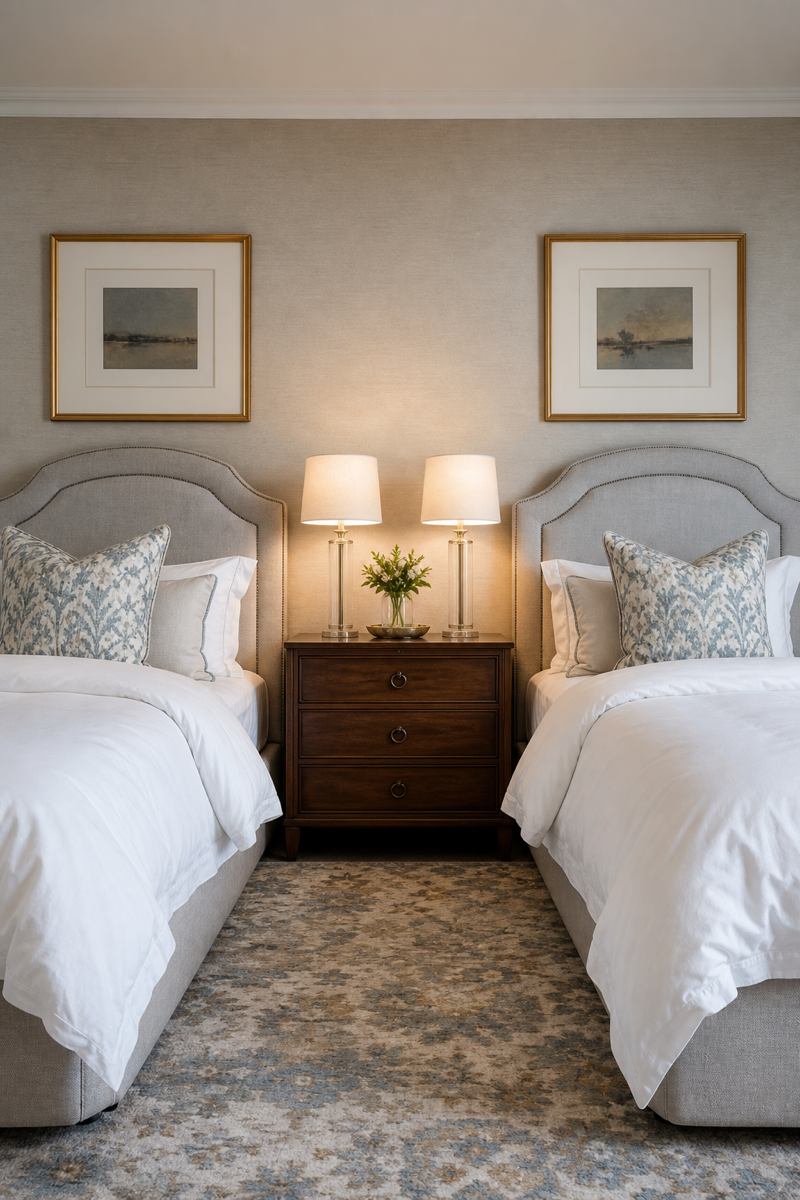 Sophisticated guest room with matching twin beds