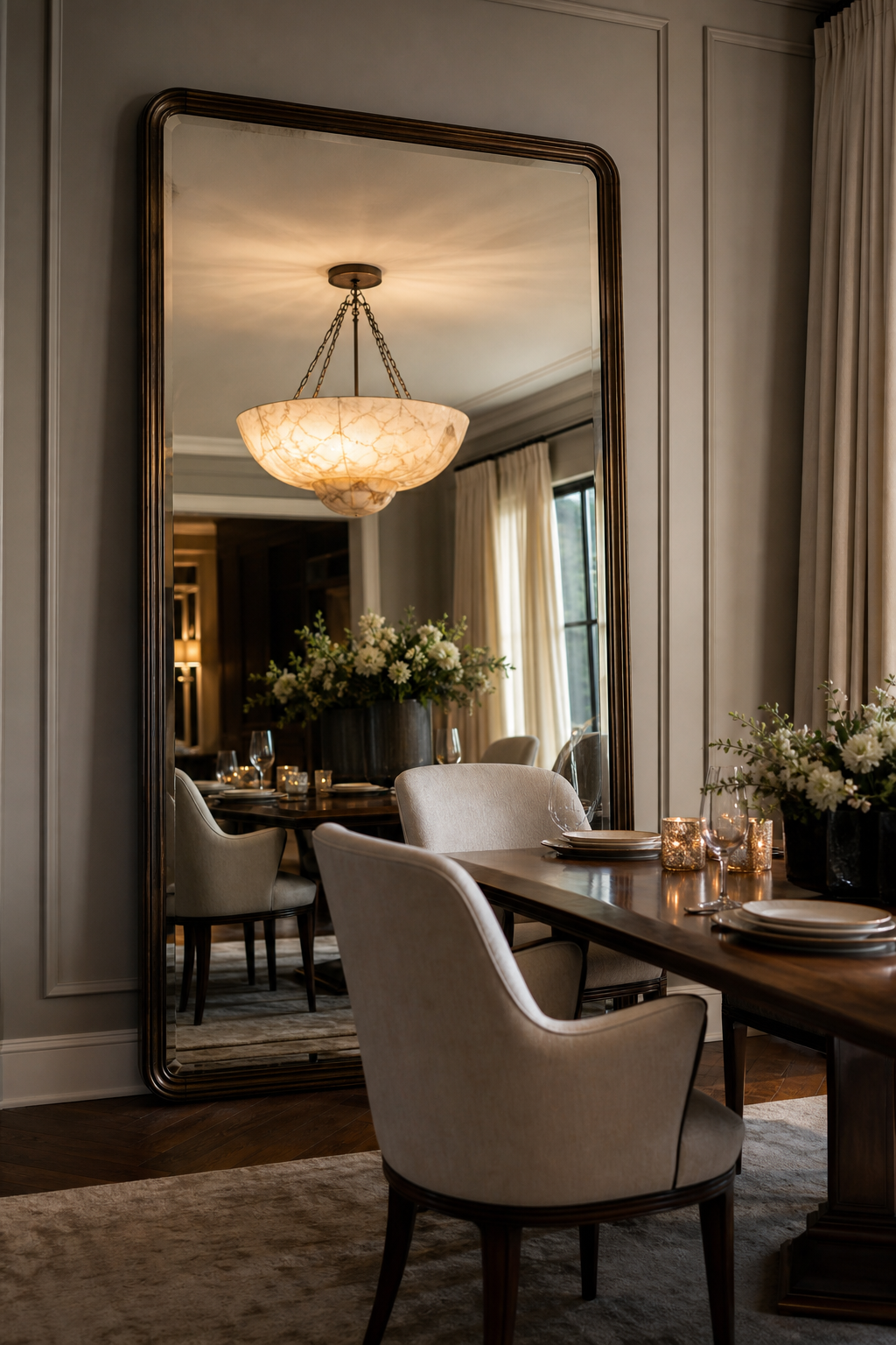 Standing mirror reflecting a chandelier in an elegant dining room