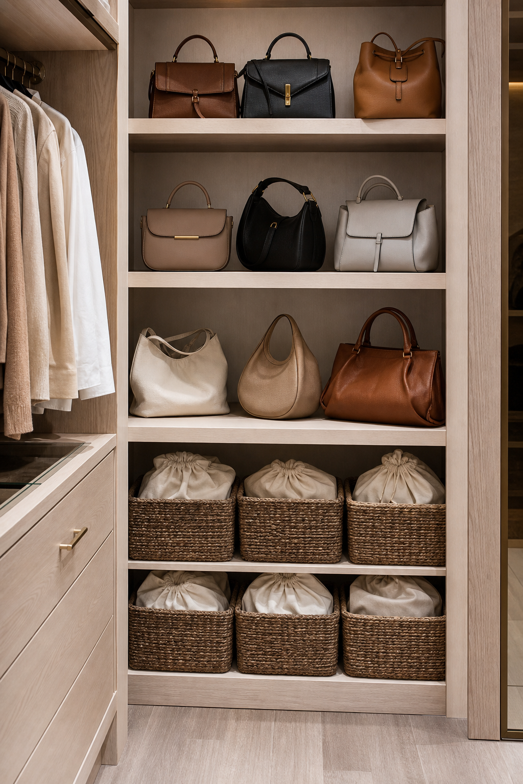 Use Dust Bags In Labeled Bins in a neat stylish handbag closet