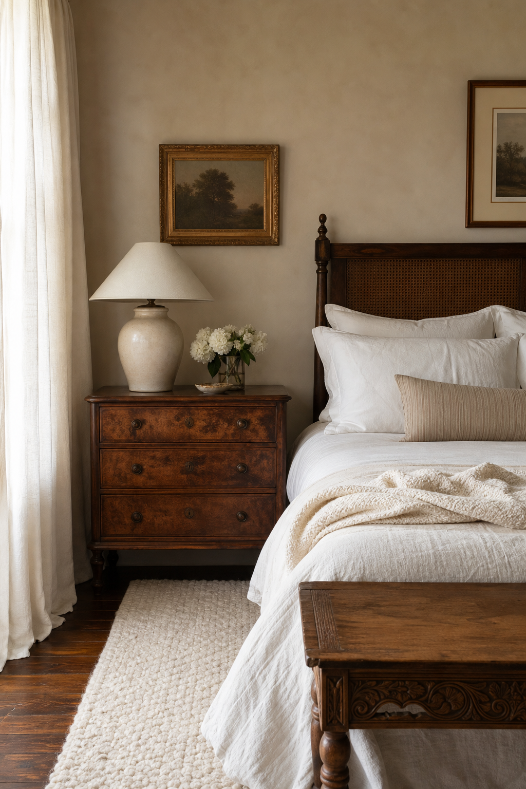 Warm bedroom with vintage wood dresser, carved bench, and fresh cream bedding
