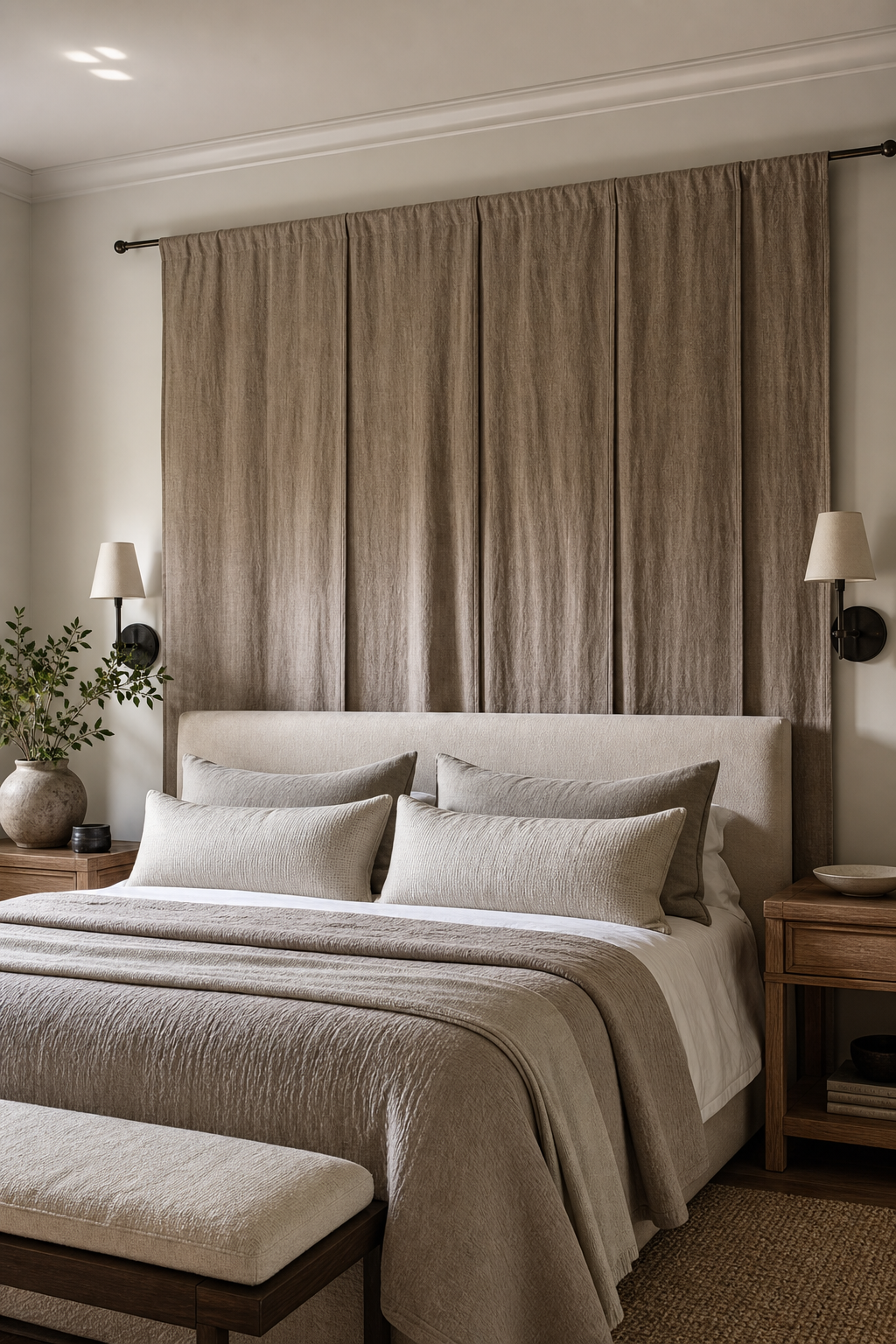 Fabric canopy wall hanging behind bed