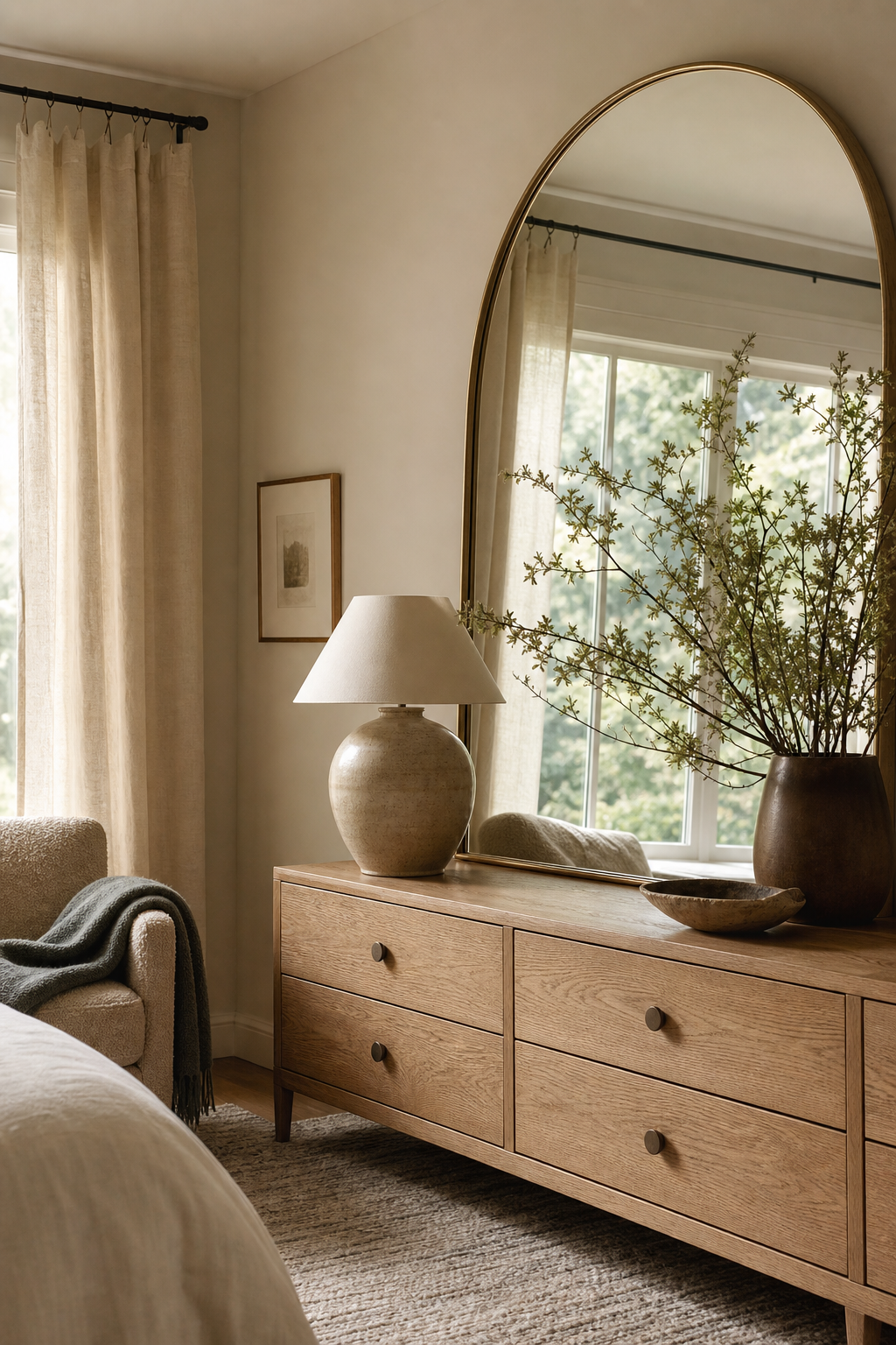 Aesthetic room with oversized arched mirror above oak dresser