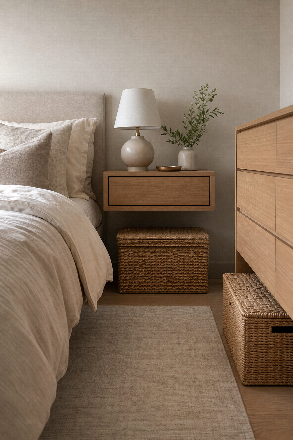 Small bedroom with closed woven baskets for soft hidden storage