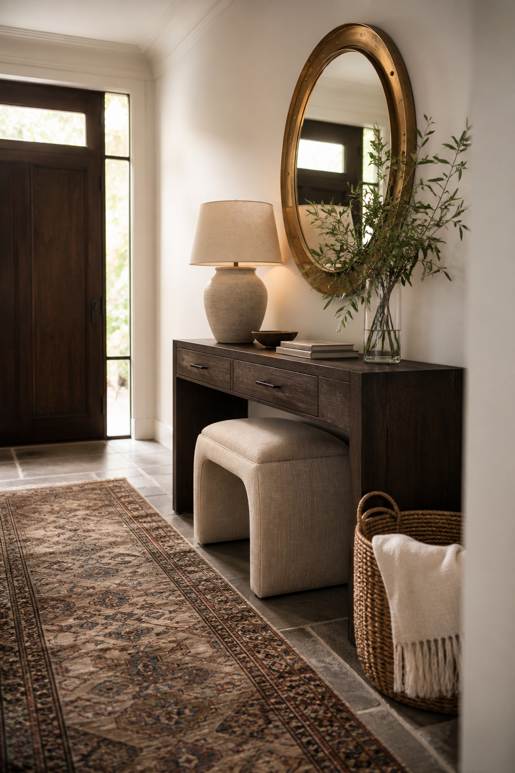 Luxury entryway with oak console, brass mirror, stone floor, and patterned runner