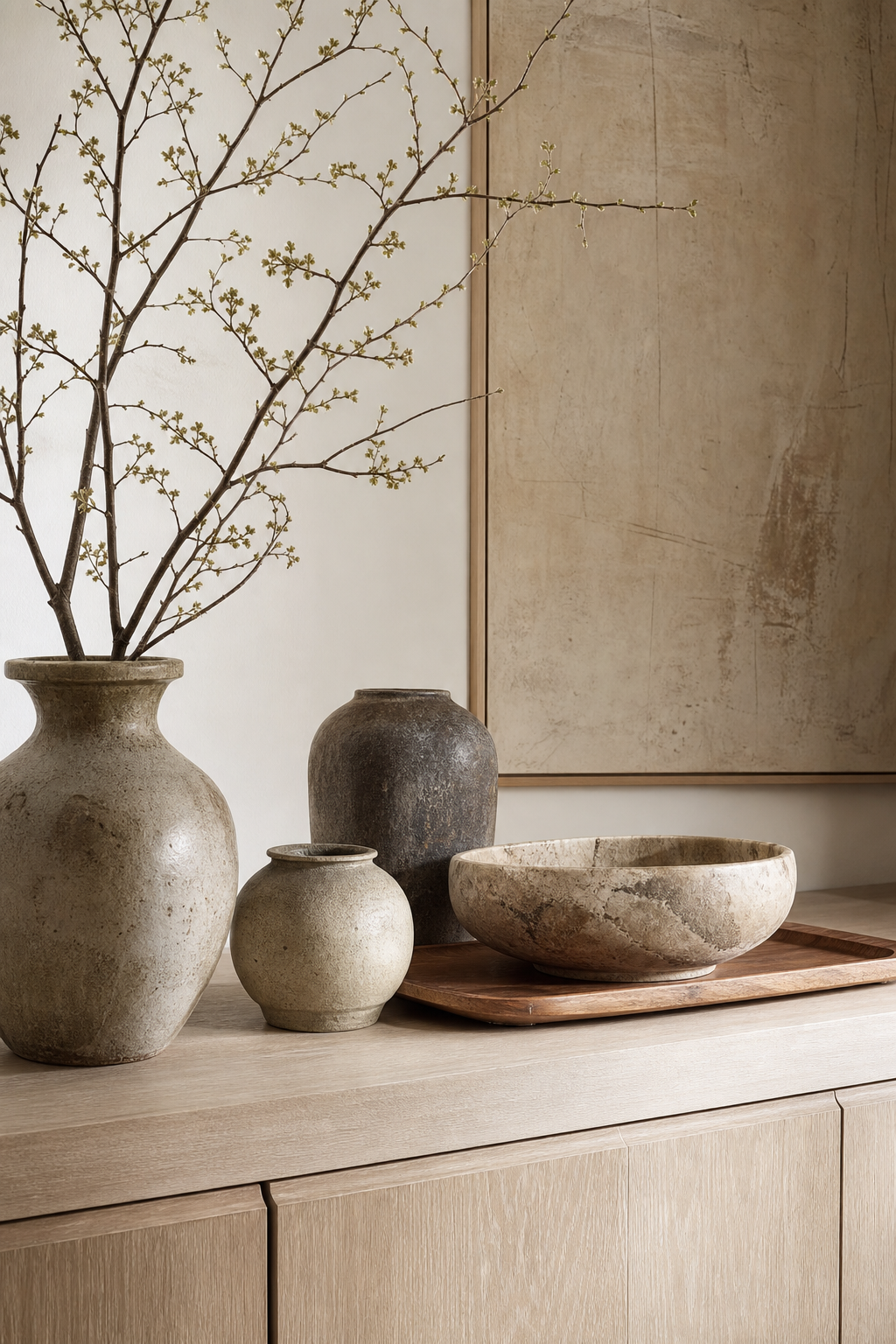 Decorative objects grouped by ceramic stone and wood materials