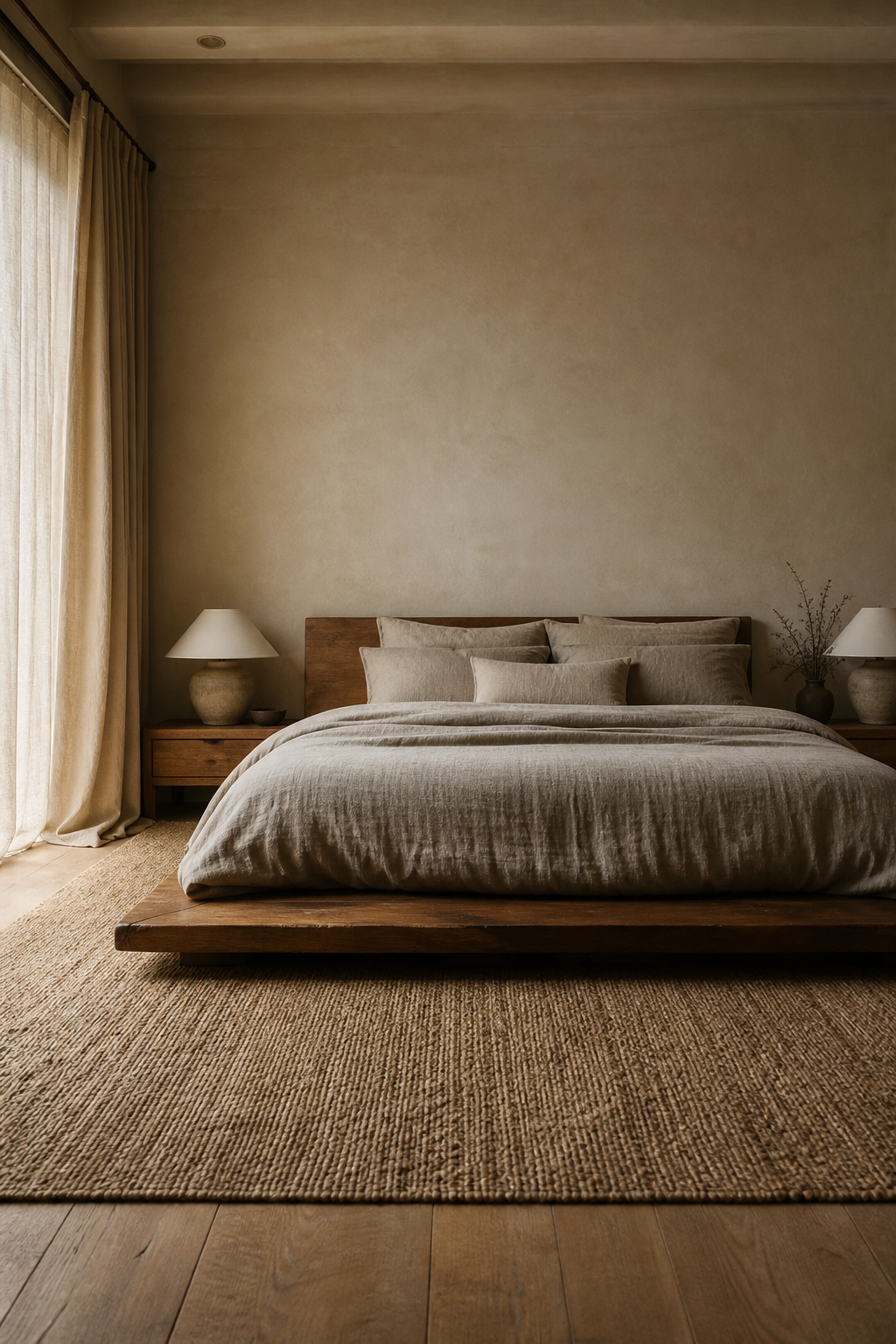 Earthy bedroom with low oak platform bed, layered linen bedding, and floor-skimming curtains
