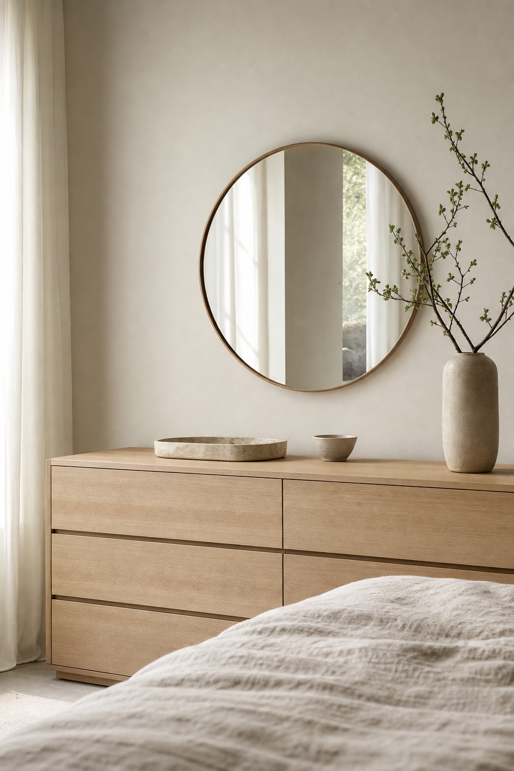 Minimal bedroom dresser with round mirror, stone tray, ceramic bowl, and a single branch arrangement