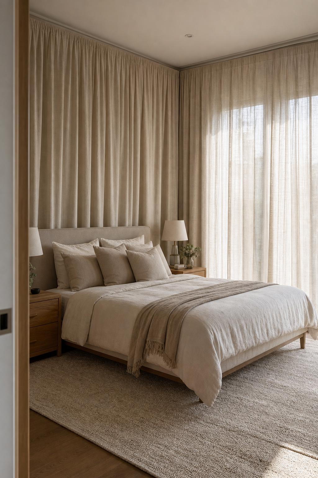 Cozy luxury bedroom with full-height linen curtains, upholstered bed, warm neutral bedding, and soft filtered light