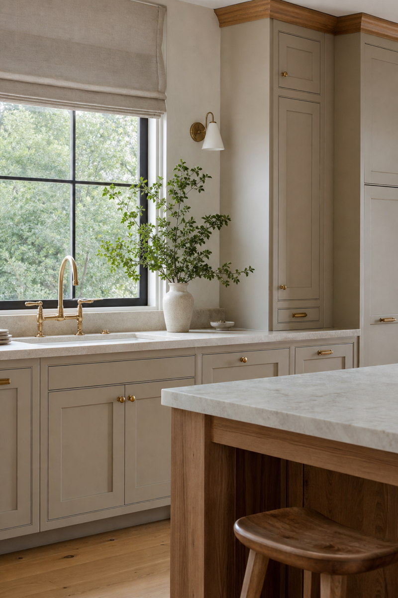 Kitchen with soft mushroom painted cabinets and warm oak accents