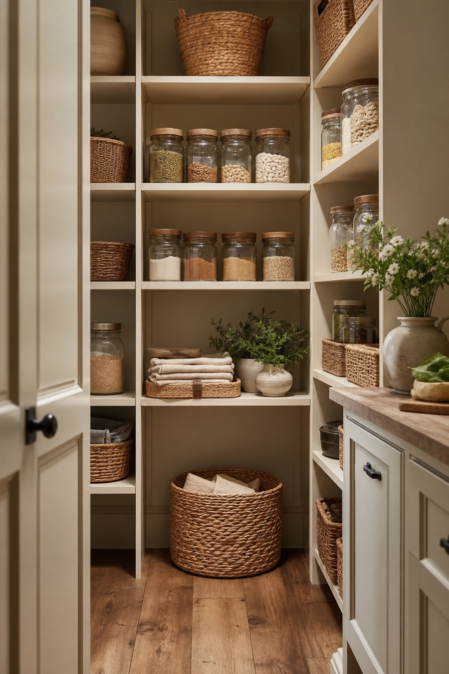 Warm neutral pantry shelves organized with woven baskets