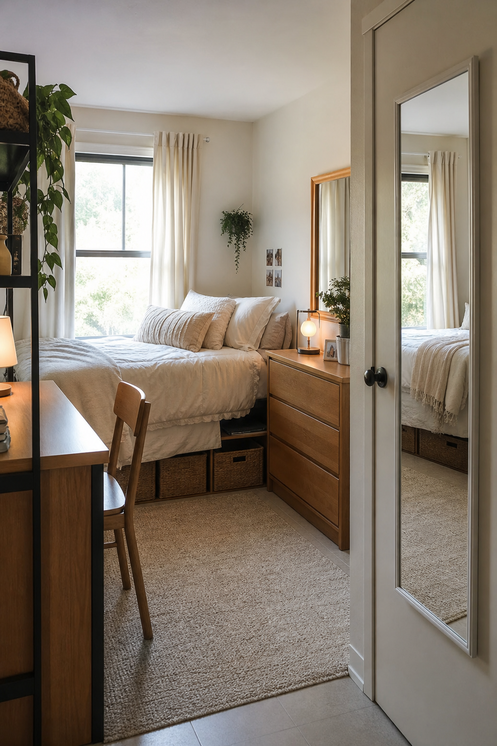 Dorm room with full-length mirror, warm framed mirror, and tidy cream bedding