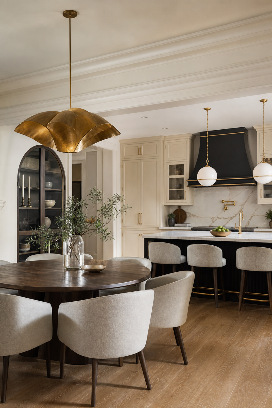Open kitchen dining zone defined by a sculptural pendant light