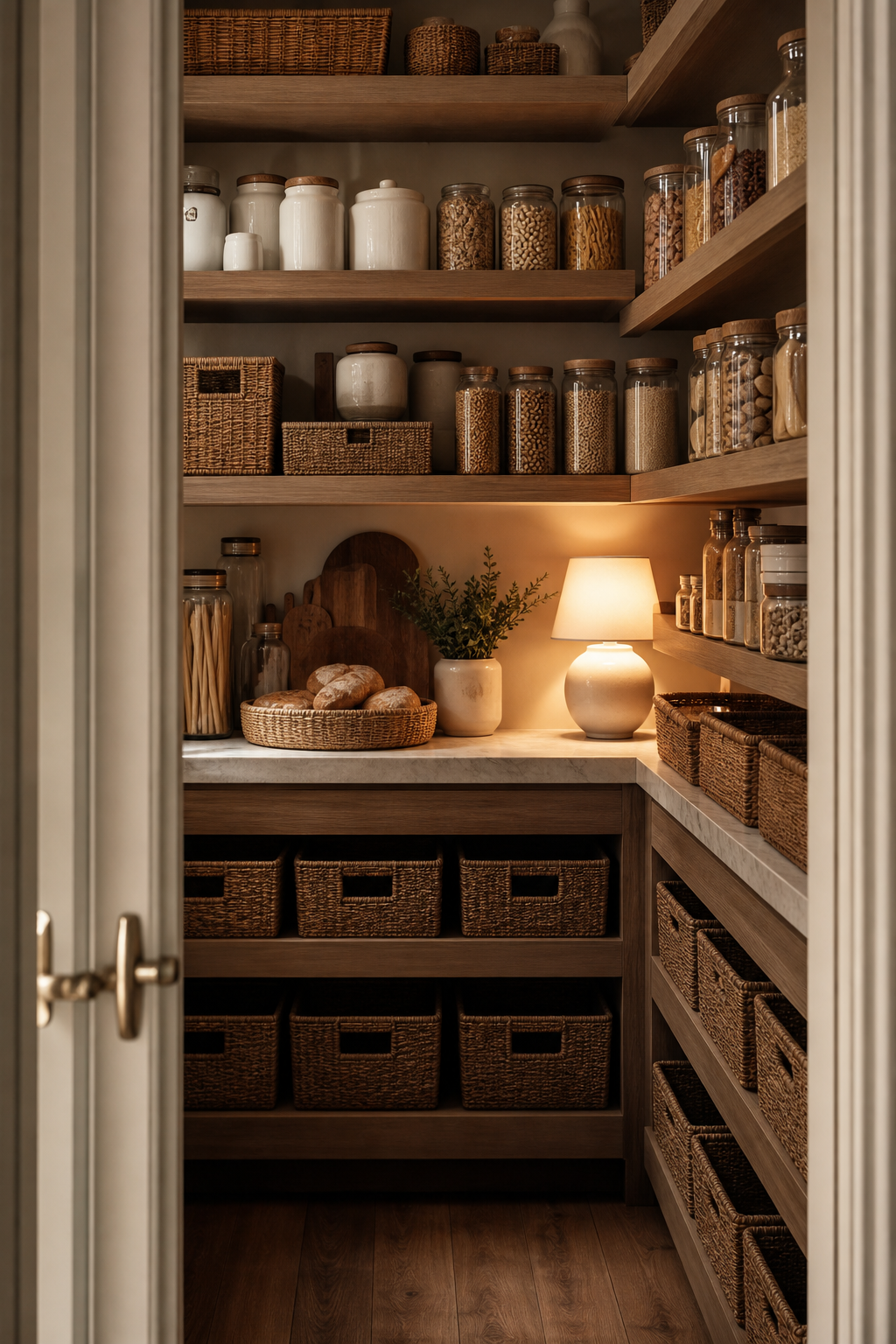 Cozy organized kitchen pantry with wood shelves, woven bins, and ceramic jars