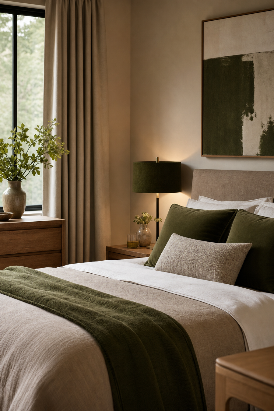 Neutral dream room with restrained olive green accents