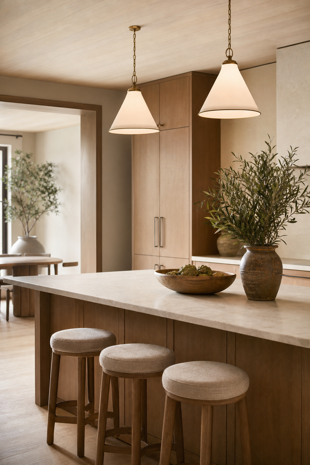 Simple warm kitchen island with purposeful pendant lights, stone counter, and open sightlines