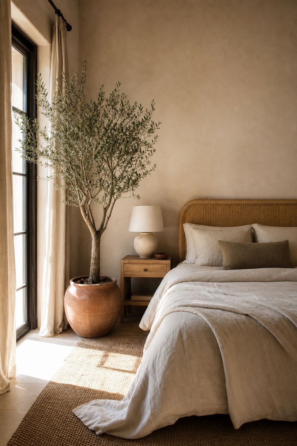 Boho bedroom with one sculptural olive tree near the window