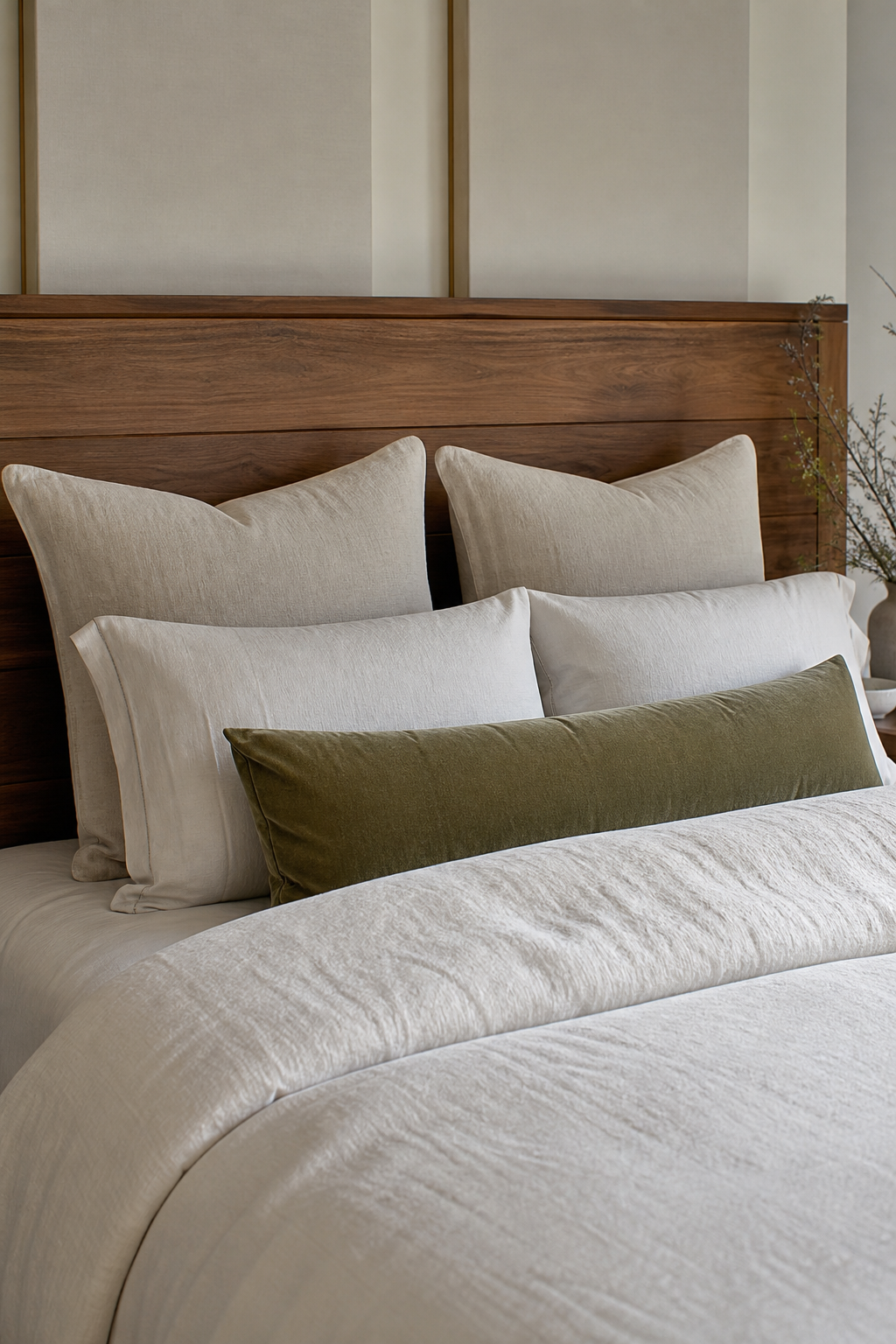 Restrained bedroom pillow styling with Euro pillows and a velvet lumbar