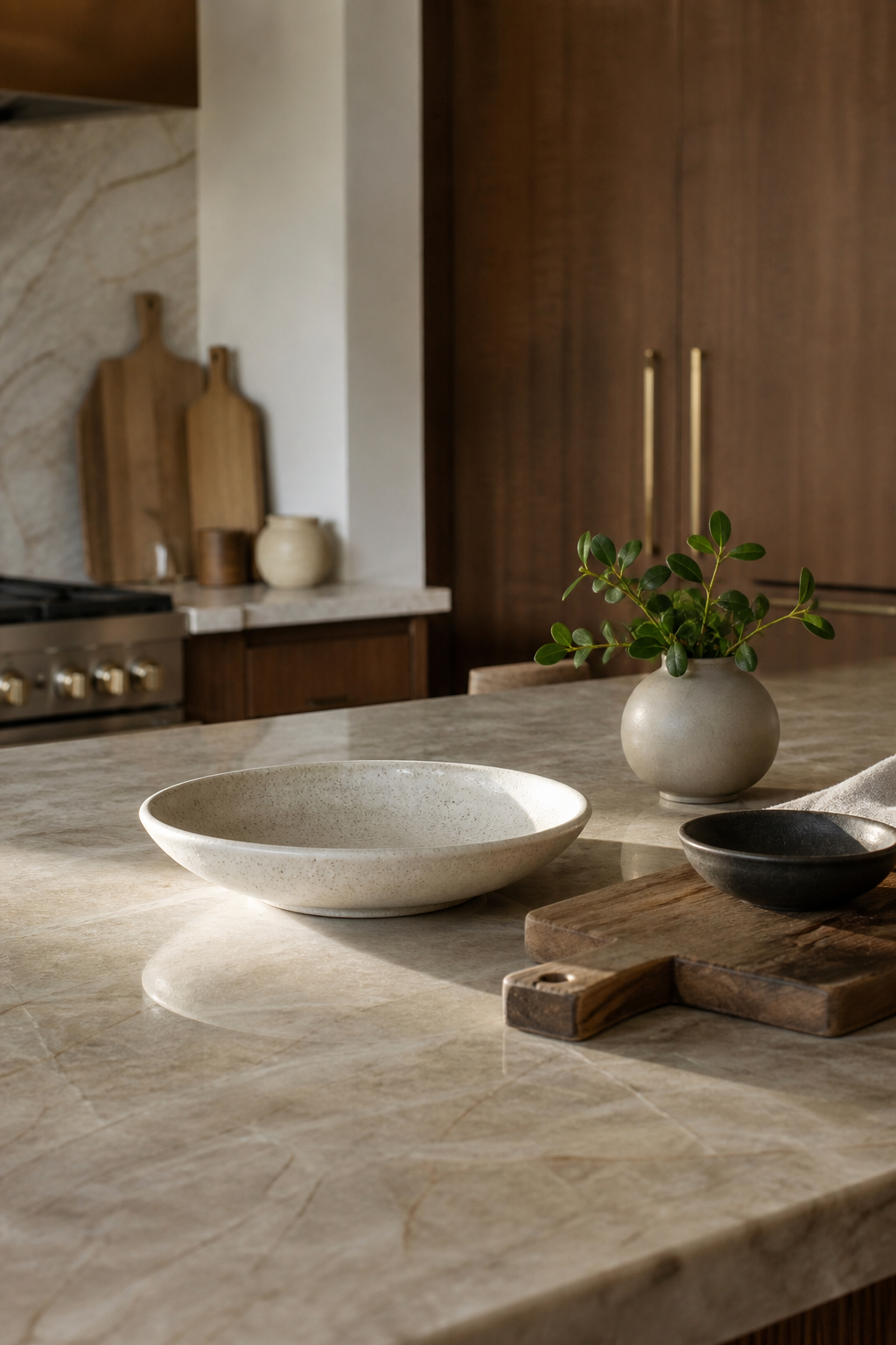 Low practical styling on a warm kitchen island countertop