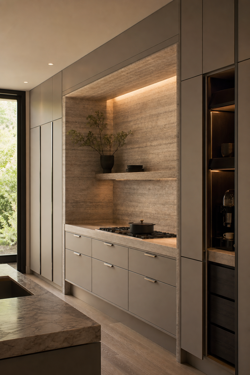 Modern kitchen with architectural floor-to-ceiling storage and a stone cooking niche