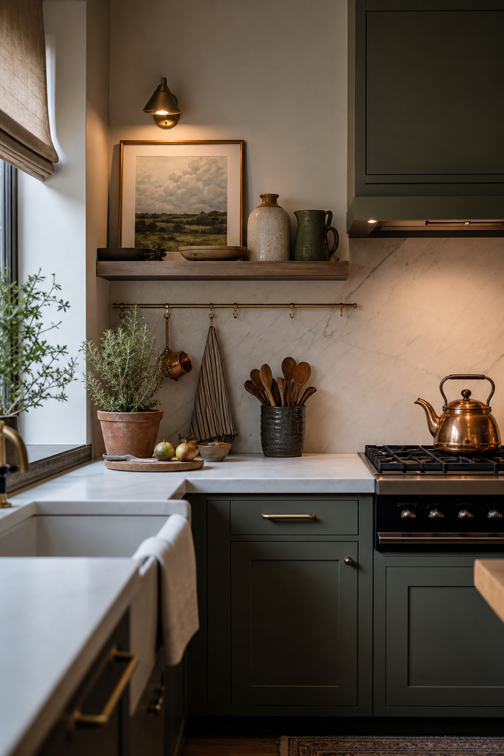 Small kitchen shelf styled with small framed art and ceramics