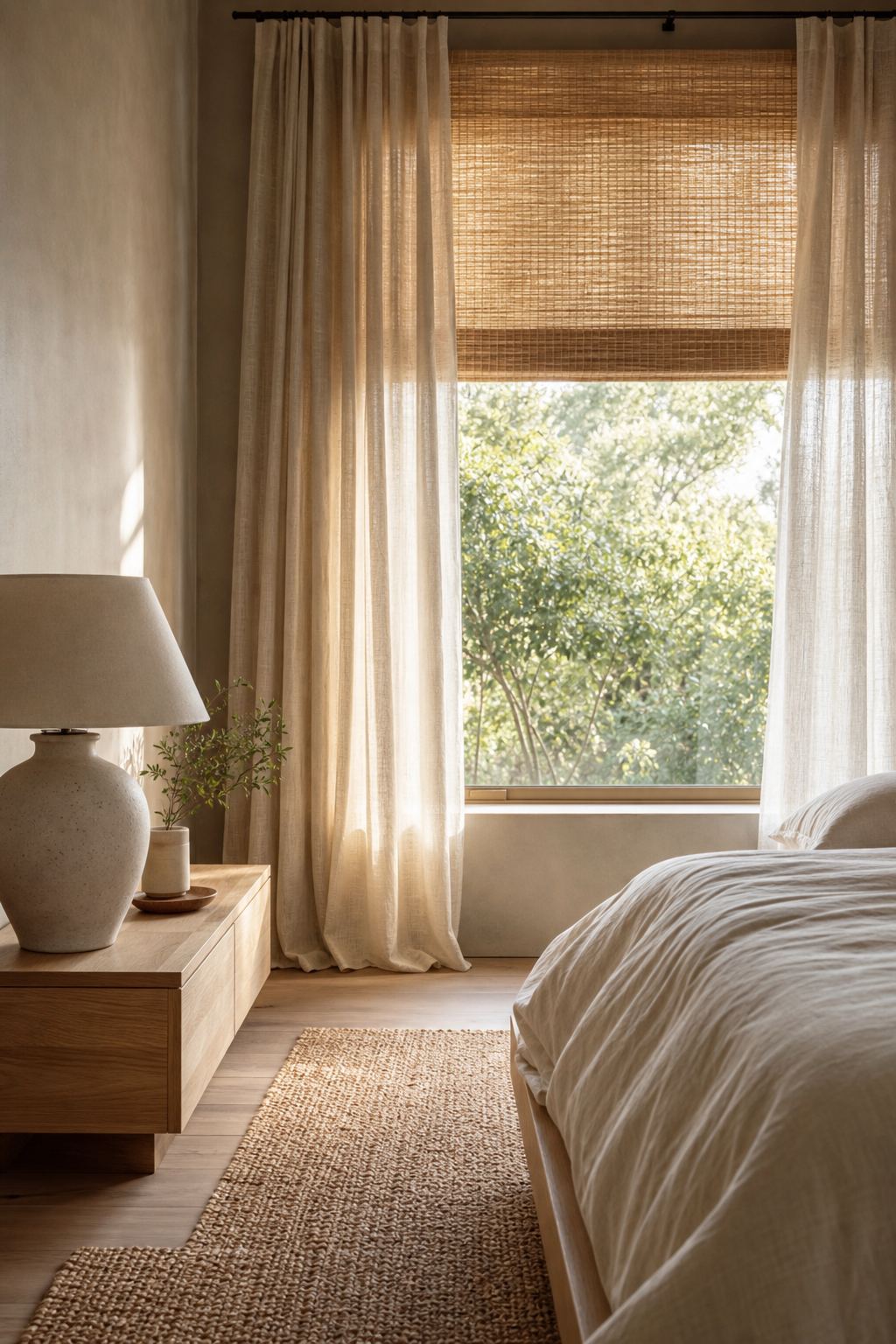 Japandi bedroom with filter Light With Linen and Bamboo
