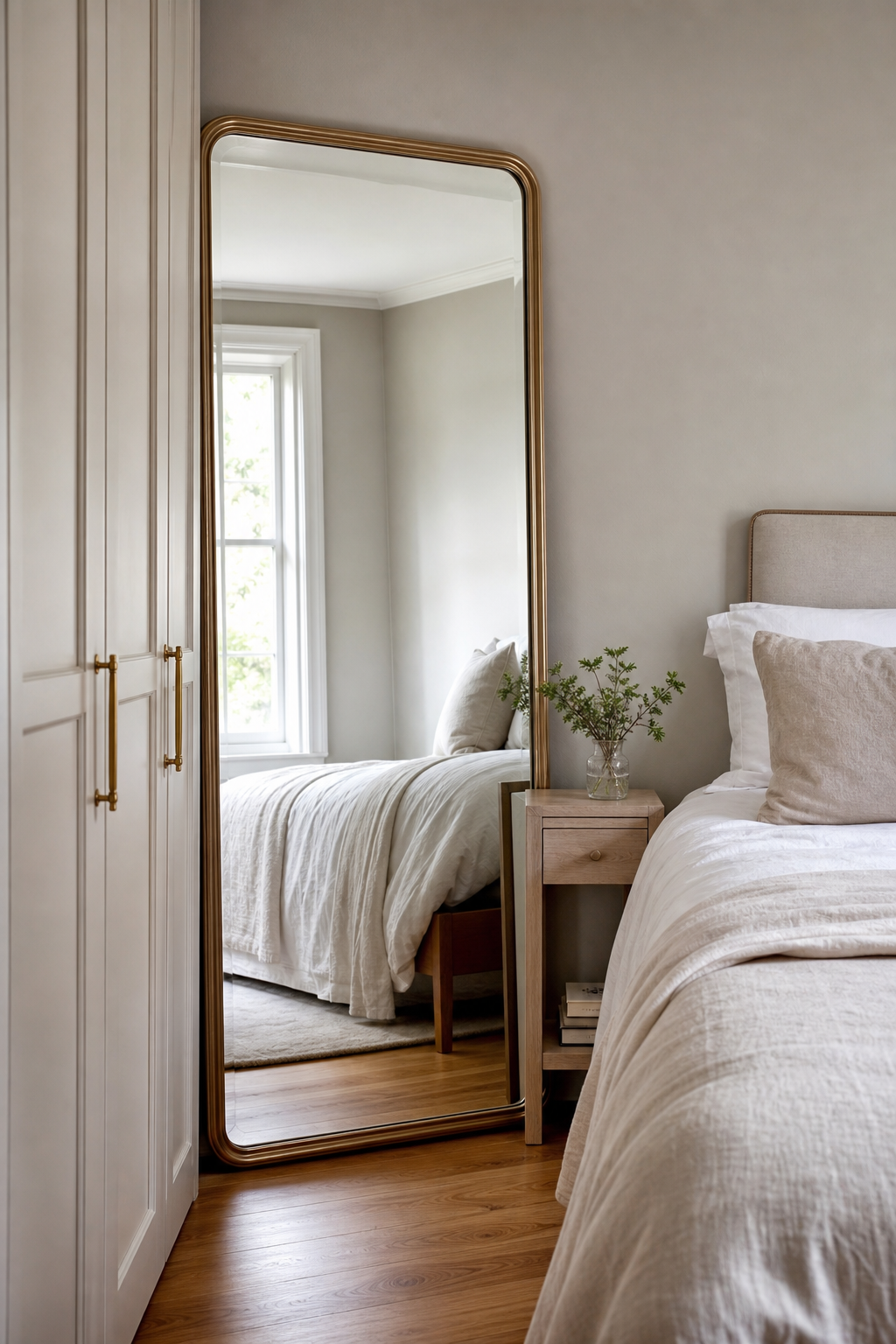 Small bedroom with tall mirror beside wardrobe reflecting window light