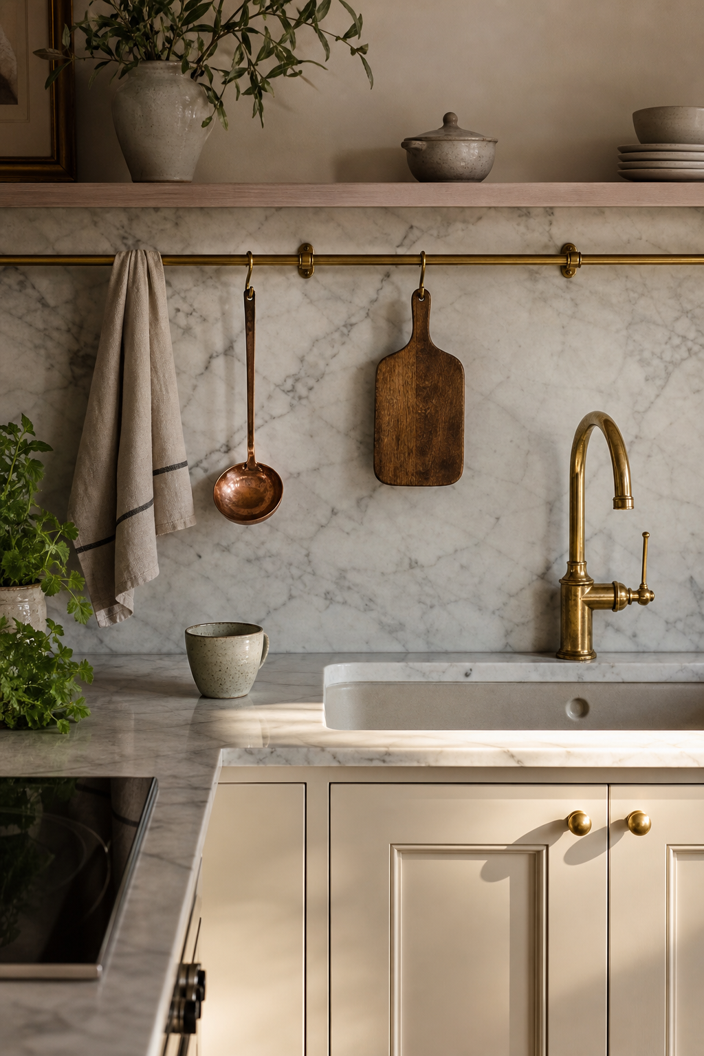 Small kitchen with brass rail on marble backsplash holding elegant everyday tools