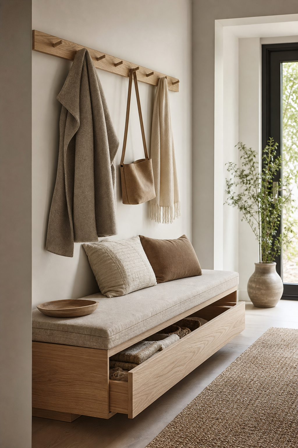 Scandinavian entry with pale oak bench and quiet storage