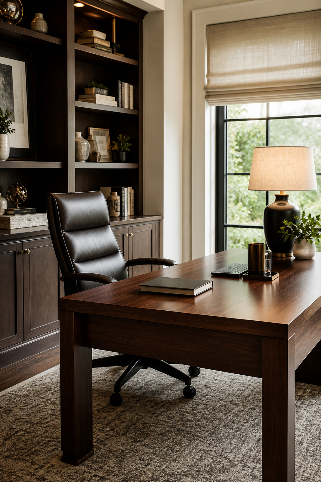 Refined home office with walnut desk, leather chair, built-in storage, warm lighting, and residential styling