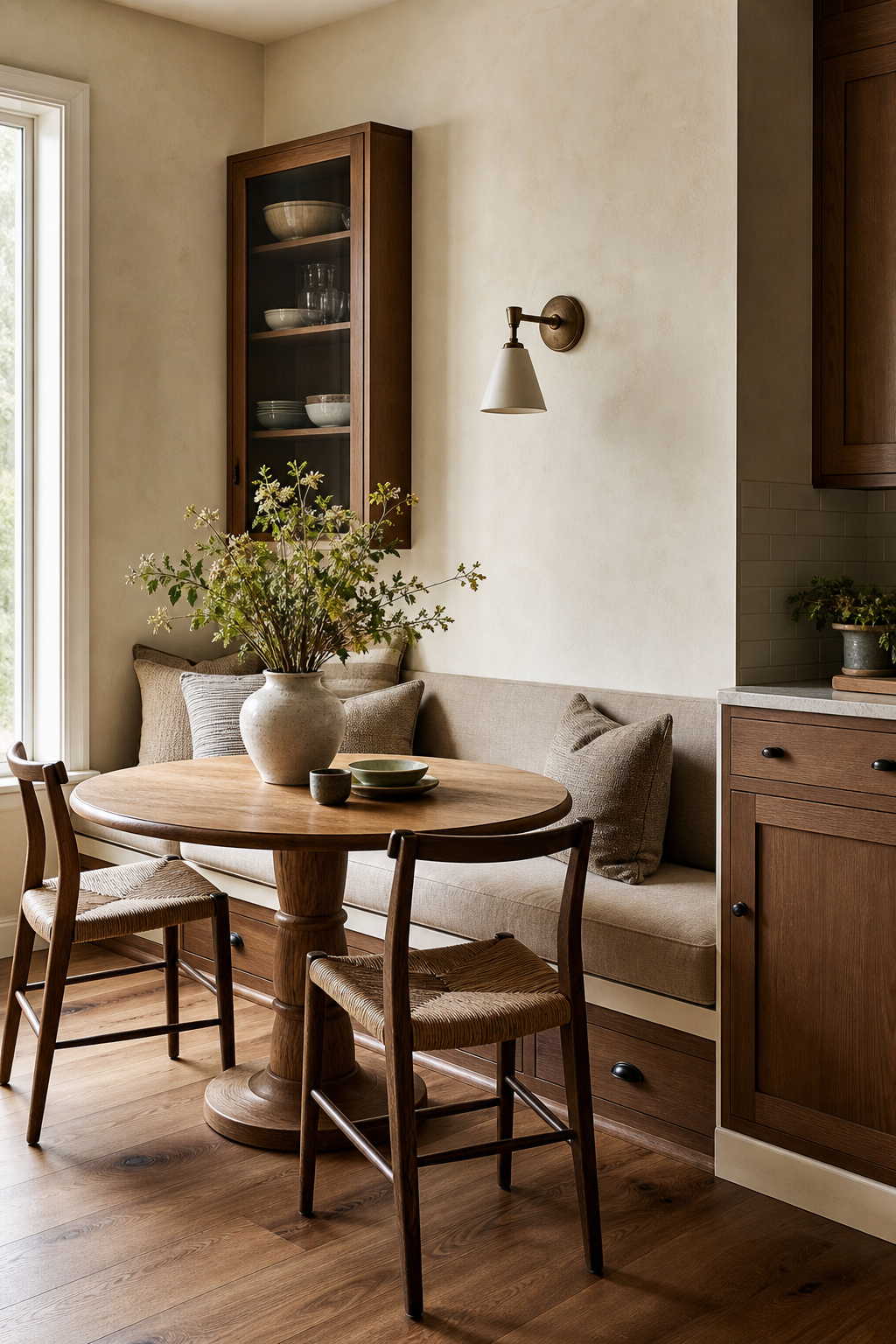 a dining nook that works hard in a warm functional kitchen