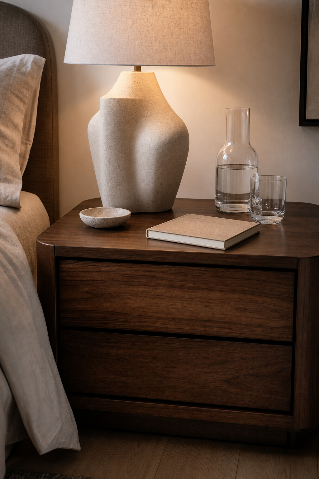 Calm bedroom nightstand with ceramic lamp, tray, dish, book, and basket