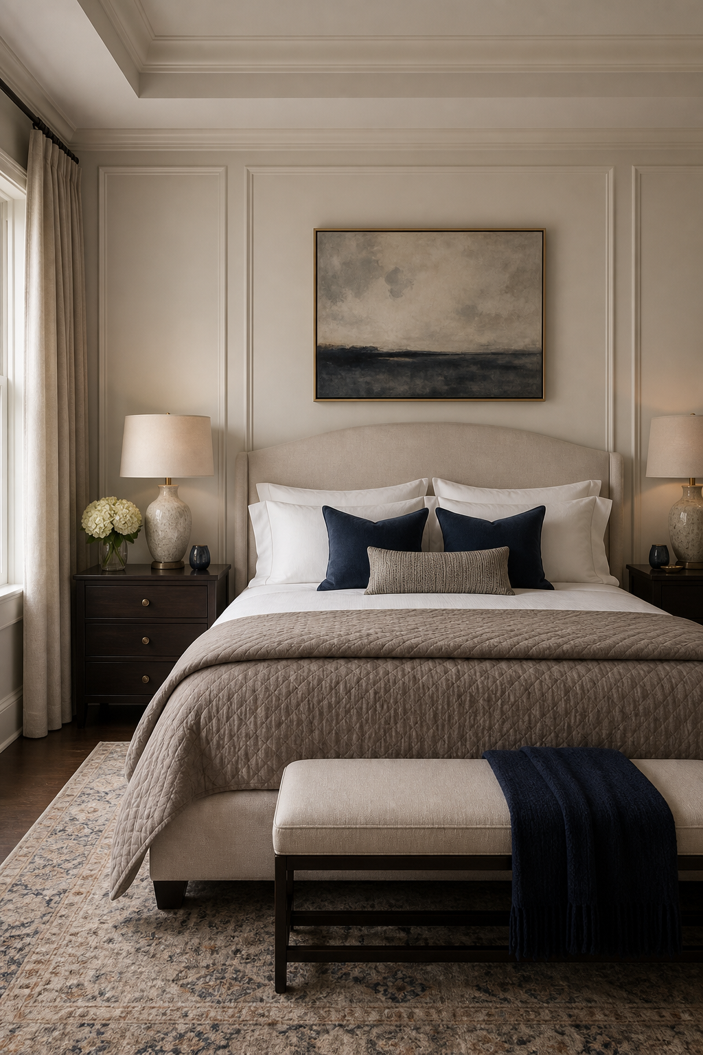 Transitional bedroom with upholstered bed, paneling, taupe bedding, and modern nightstands