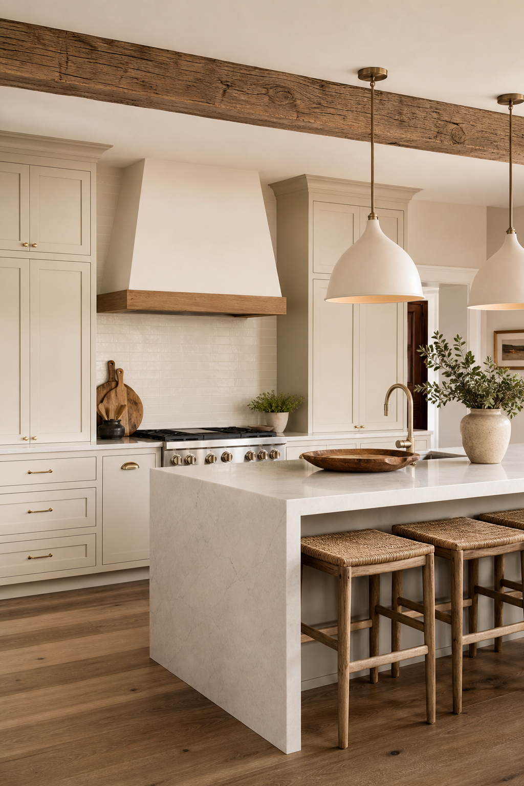 Rustic beam balanced with clean lines in modern farmhouse kitchen