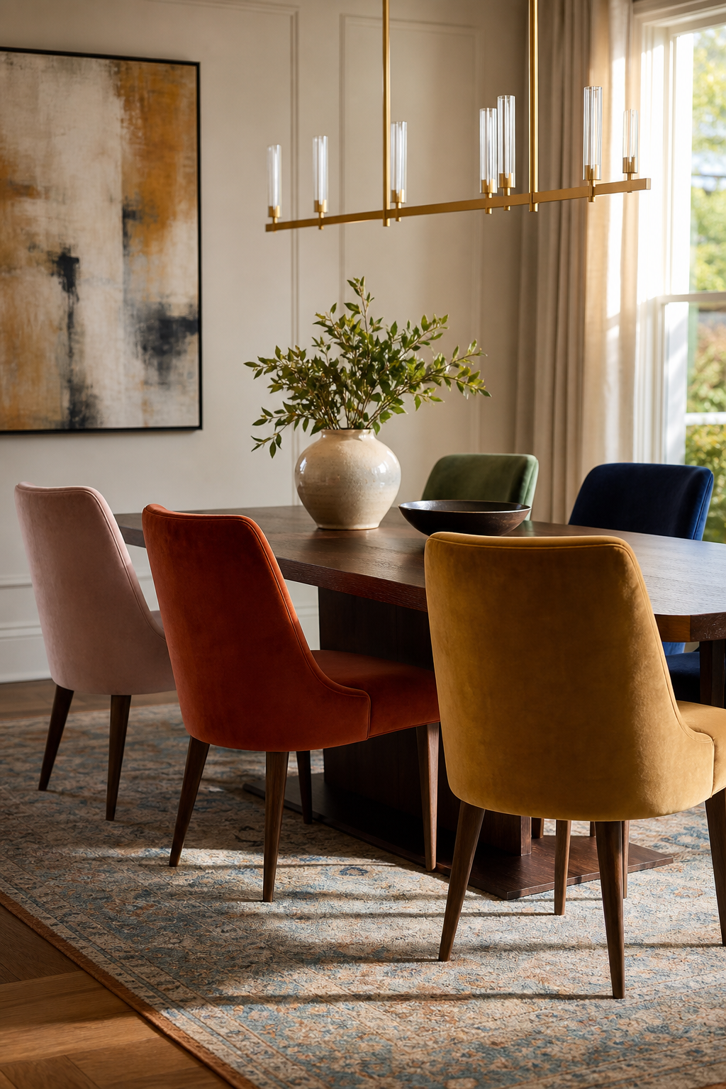 Elegant dining room with mismatched velvet chairs, walnut table, brass chandelier, and abstract art