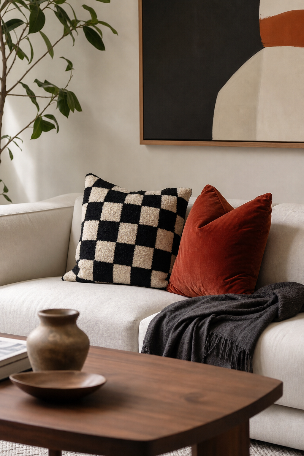 Single checkerboard pillow adding playful pattern to a modern room