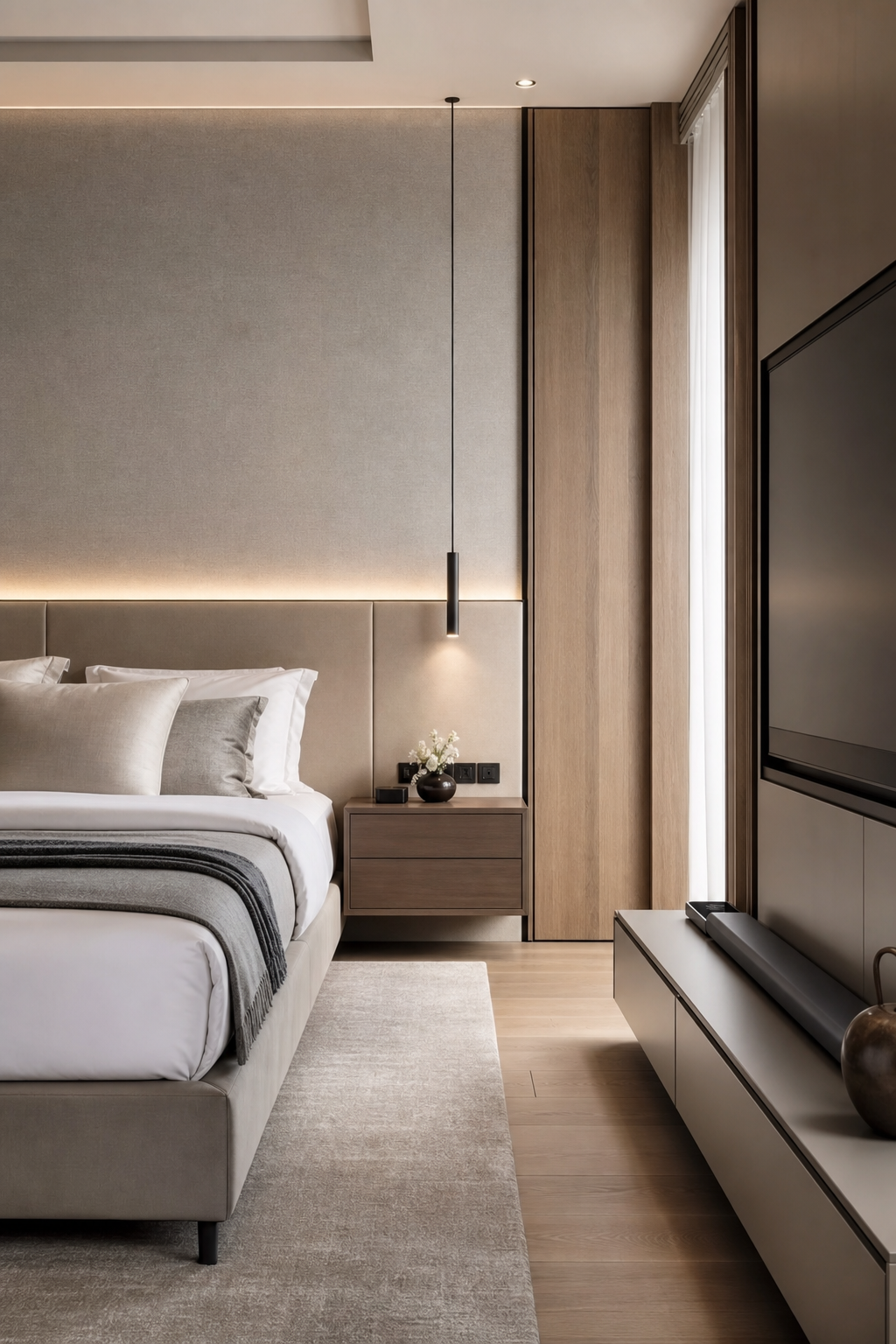 Serene modern bedroom with hidden technology and clean cable-free surfaces