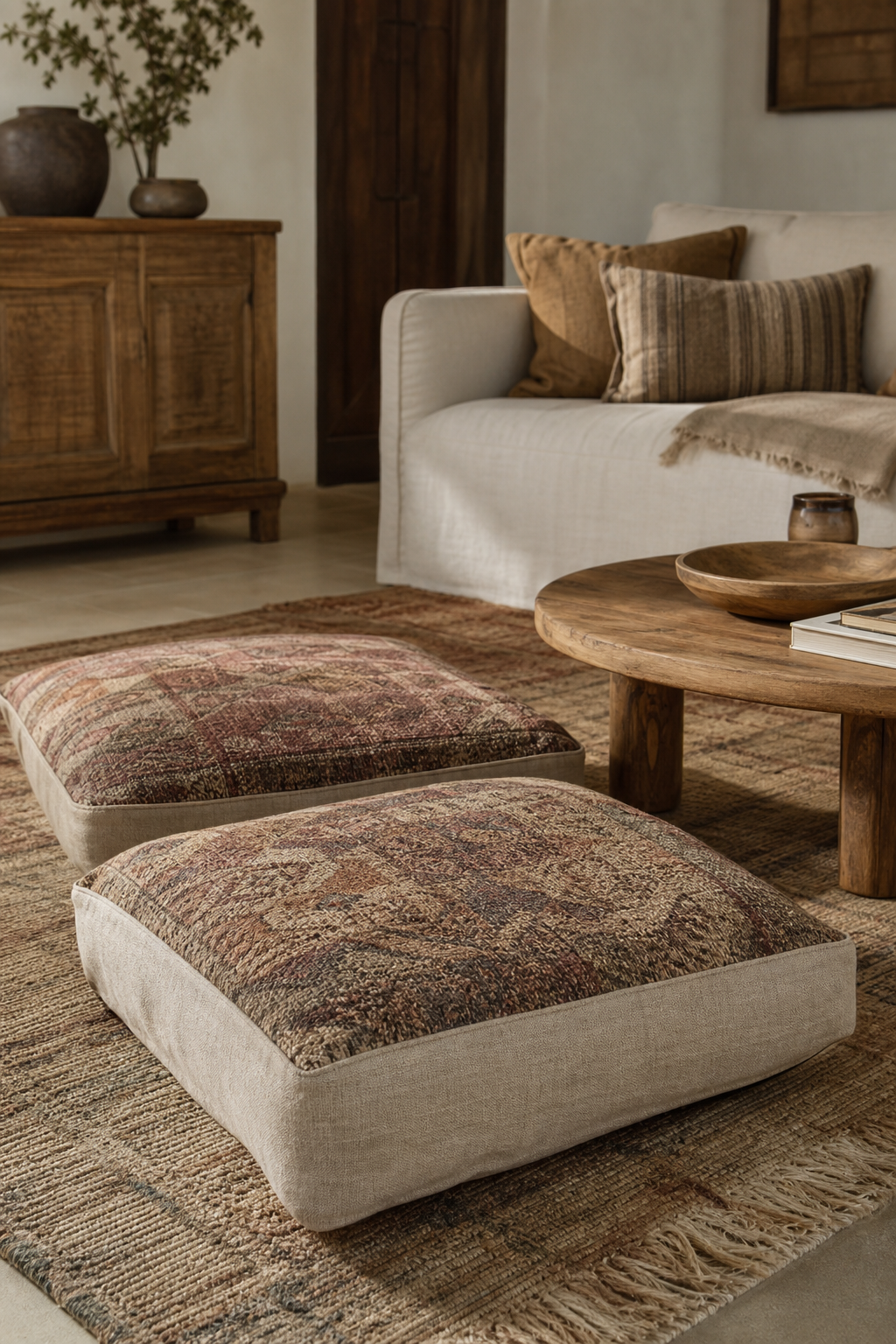 Large floor cushions styled with restraint in a cozy boho living room