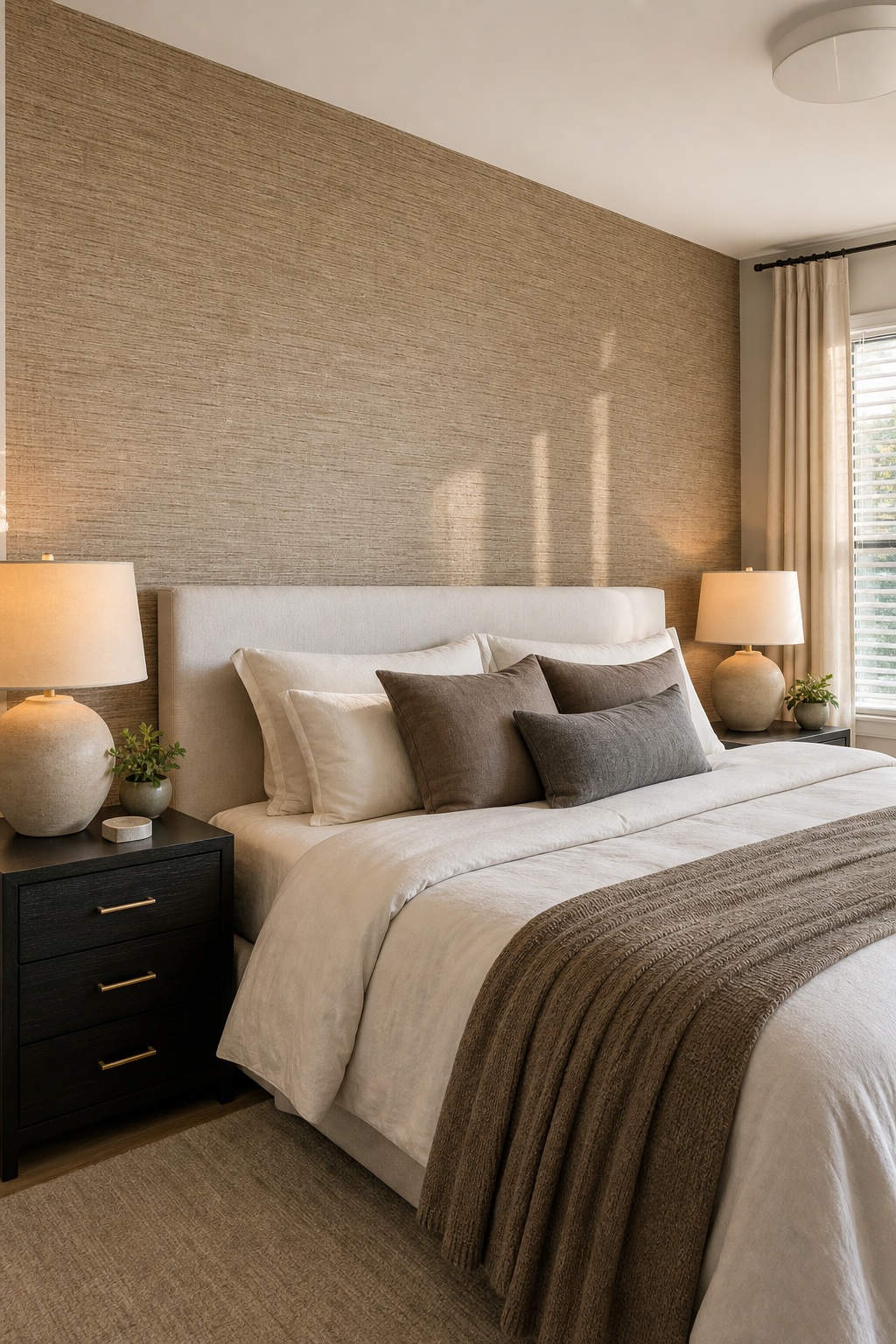 Removable wallpaper accent behind a rental apartment bed