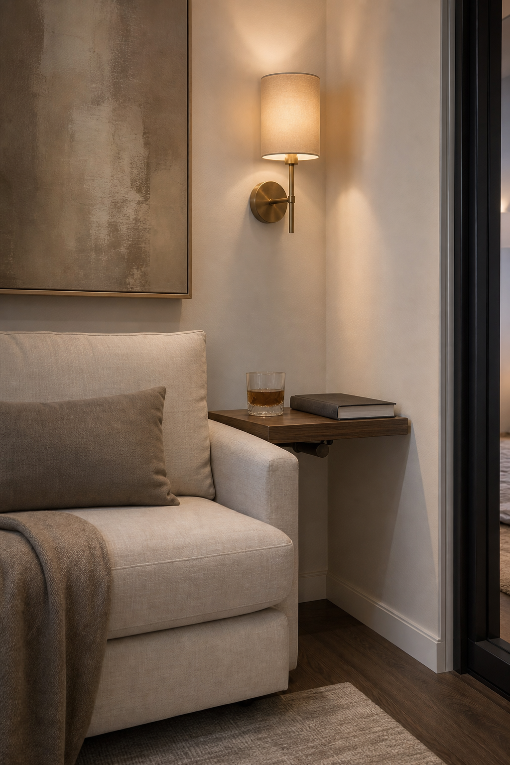 Small living room with wall mounted side table beside sofa