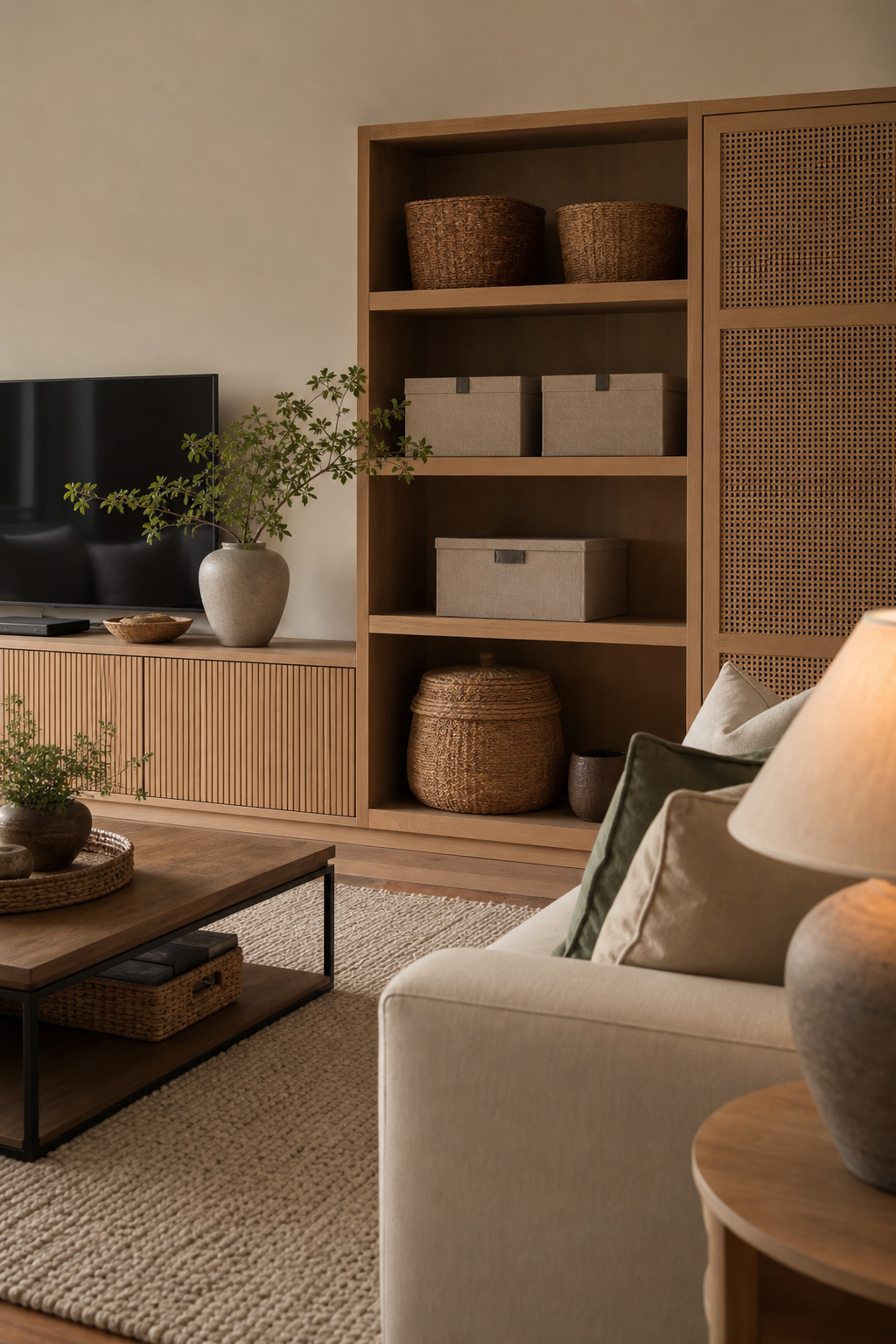 Small apartment living room with fluted oak closed storage and calm neutral styling